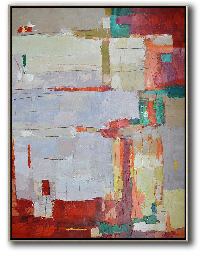 Modern Paintings On Canvas,Vertical Palette Knife Contemporary Art,Handmade Acrylic Painting,Purple Grey,Red,Yellow.etc